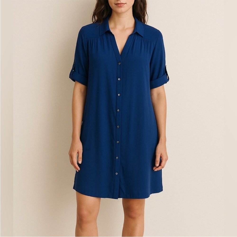 Amanda Uprichard 100% Silk Royal Blue Button Down Shirt Shift Mini Dress Small